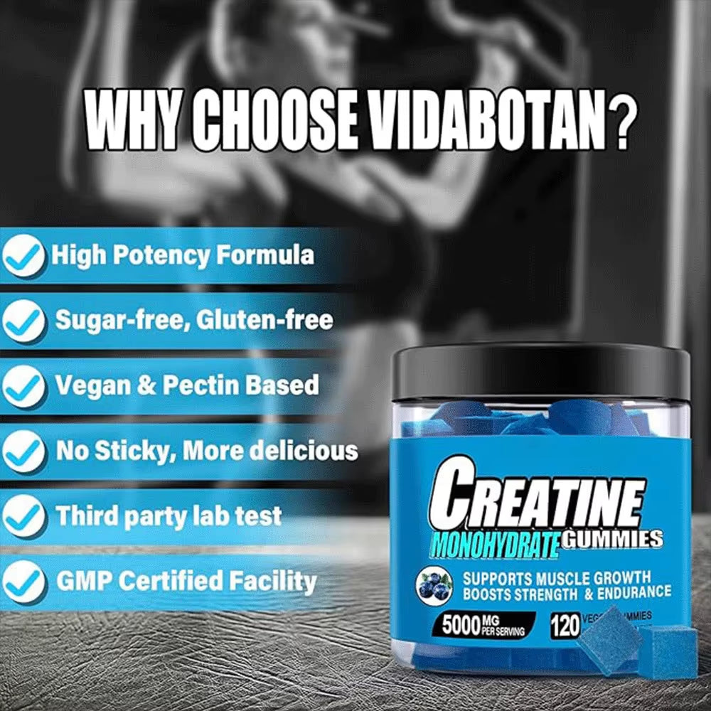 Creatine Monohydrate Gummies for Men & Women, Support Boost Focus, Muscle, Strength, Recovery, Congnitive Health & Memory -Vegan