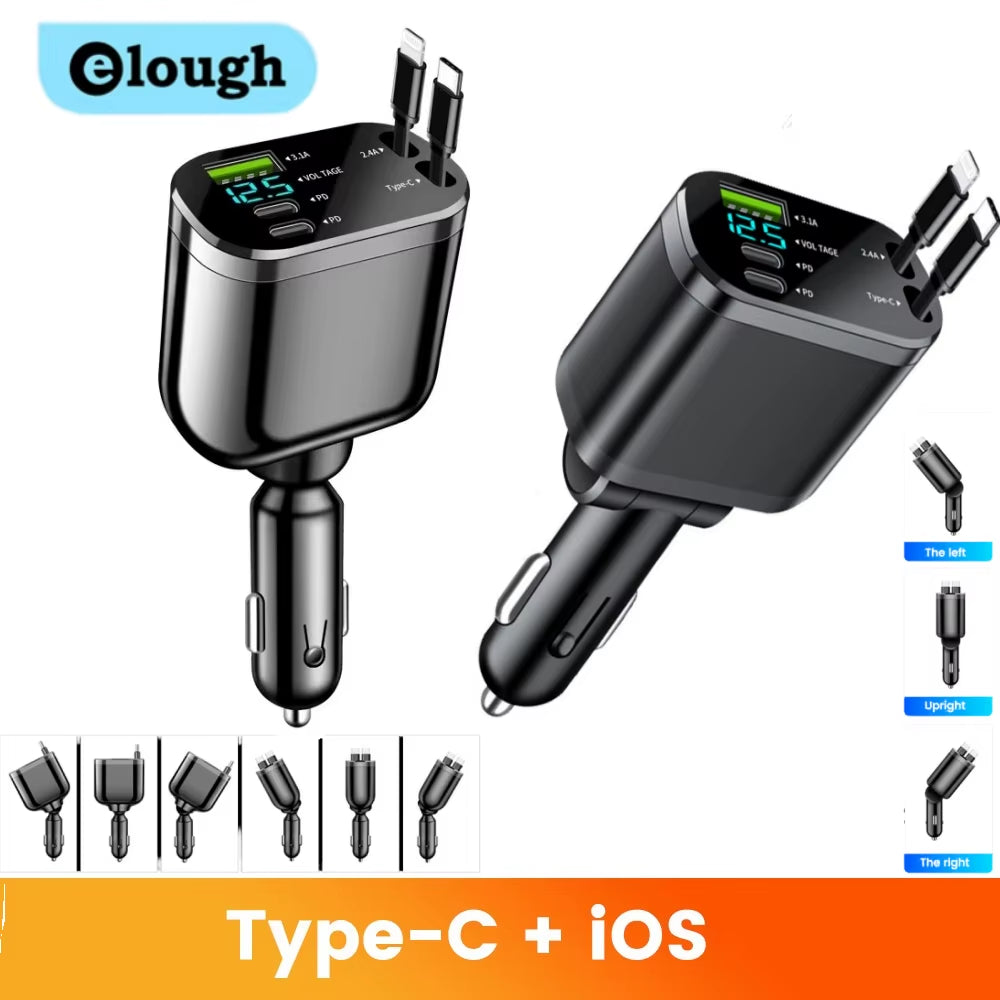 5 in 1 Car Charger Adapter Fast Charging Type C to Lightning Car Charger for Iphone Samsung Xiaomi Retractable Cords