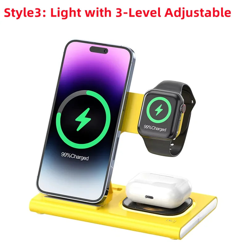 200W 3 in 1 Wireless Charger Stand Pad Foldable Fast Charging Station Dock for Iphone 16 15 14 13 12 11 X 8 Apple Watch Airpods