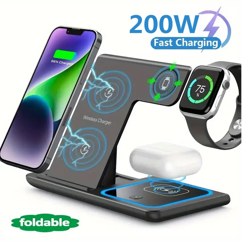 200W 3 in 1 Wireless Charger Stand Pad Foldable Fast Charging Station Dock for Iphone 16 15 14 13 12 11 X 8 Apple Watch Airpods