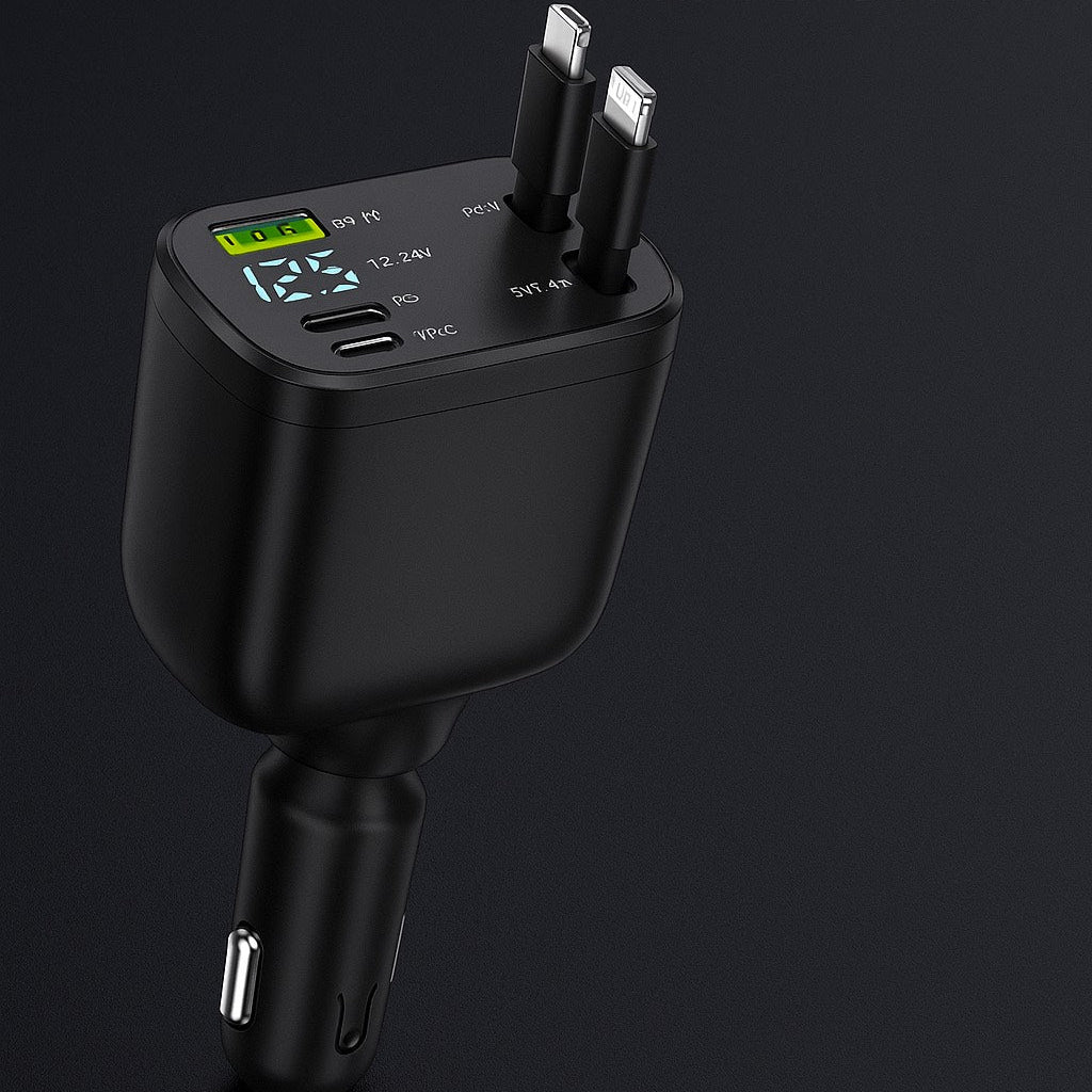 5-in-1 Fast Car Charger 🚗⚡ | Type-C to Lightning & USB | Retractable Cords | For iPhone, Samsung, Xiaomi