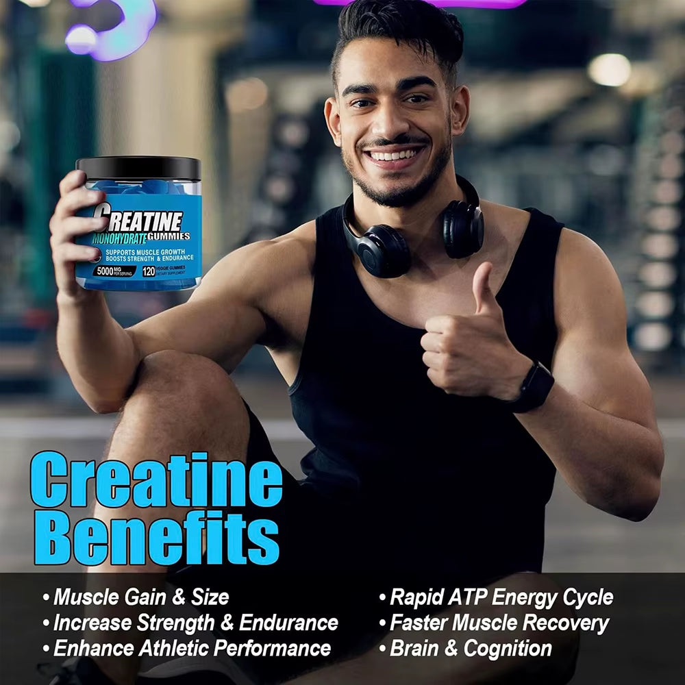 Creatine Monohydrate Gummies for Men & Women, Support Boost Focus, Muscle, Strength, Recovery, Congnitive Health & Memory -Vegan