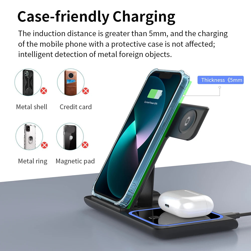 200W 3 in 1 Wireless Charger Stand Pad Foldable Fast Charging Station Dock for Iphone 16 15 14 13 12 11 X 8 Apple Watch Airpods